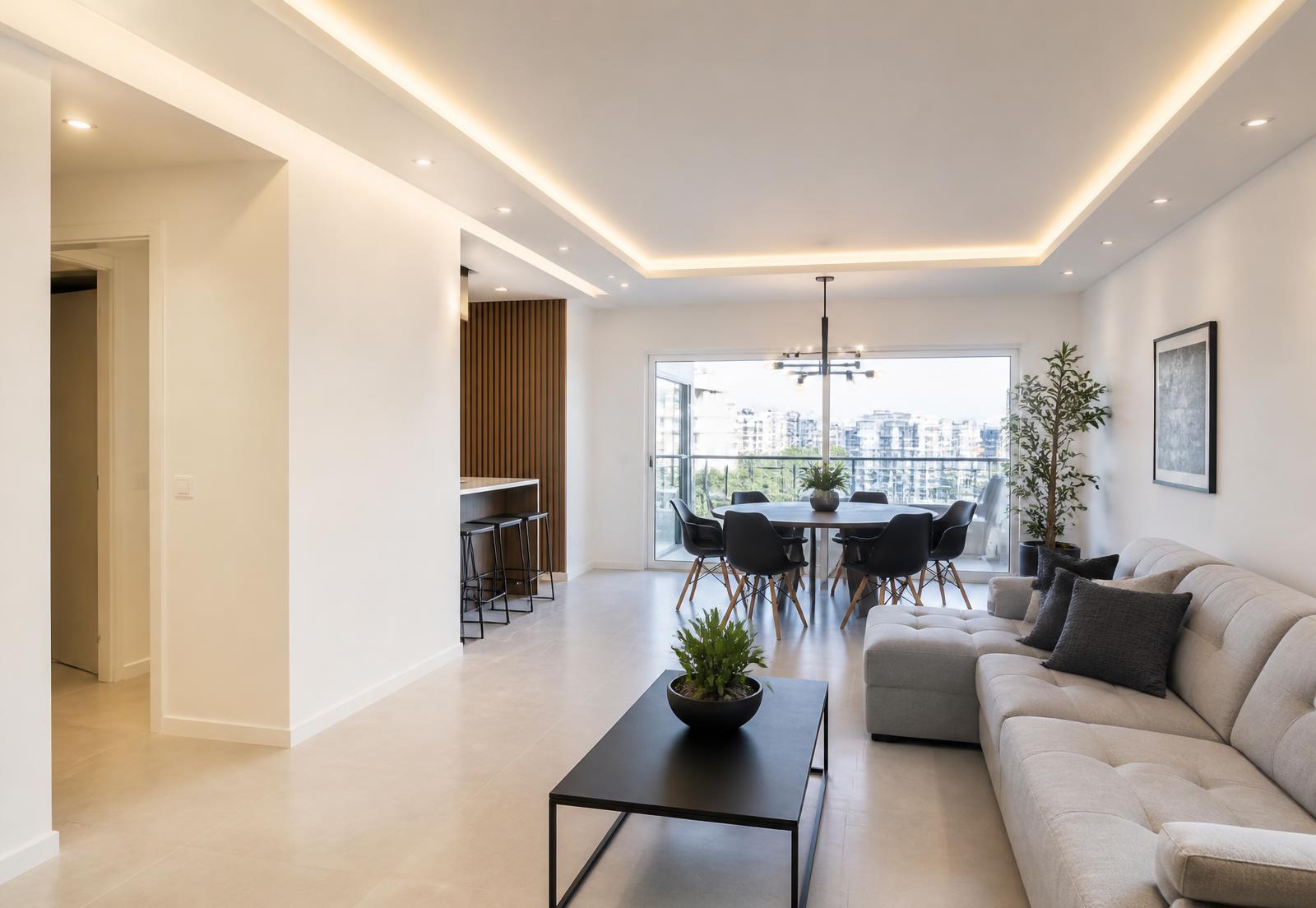 Ambiente residencial finalizado com forro de drywall e iluminação embutida em Goiânia