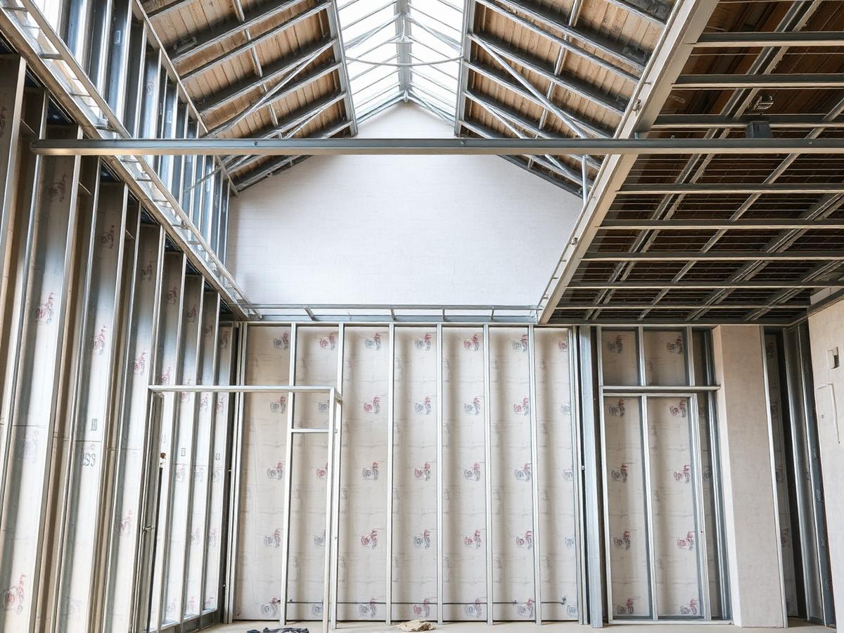 Estrutura metálica de drywall montada antes do fechamento com placas