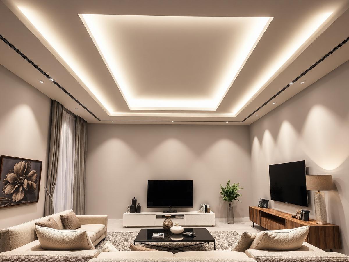 Sala finalizada com sanca de drywall e iluminação indireta